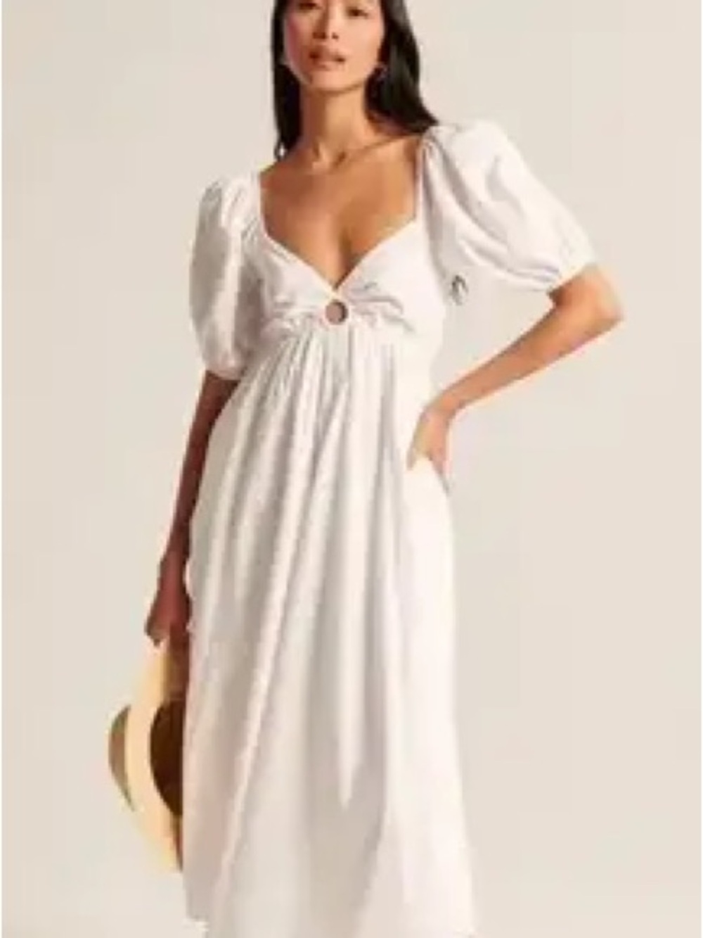 Abercrombie & Fitch White Puff-Sleeve Midi Dress with Ring Detail